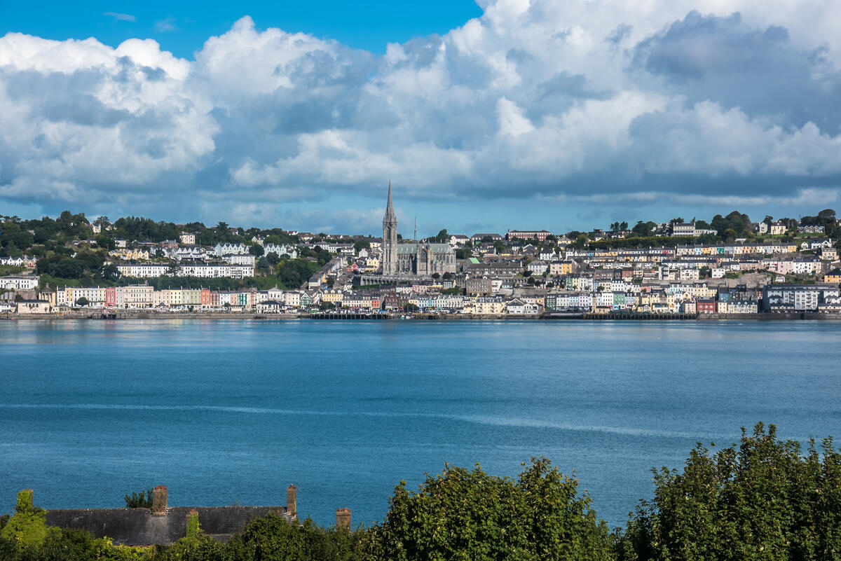 A wide view across the water towards Cobh in County Cork, with colourful waterfront houses and St Colman&rsquo;s Cathedral rising above the town.
